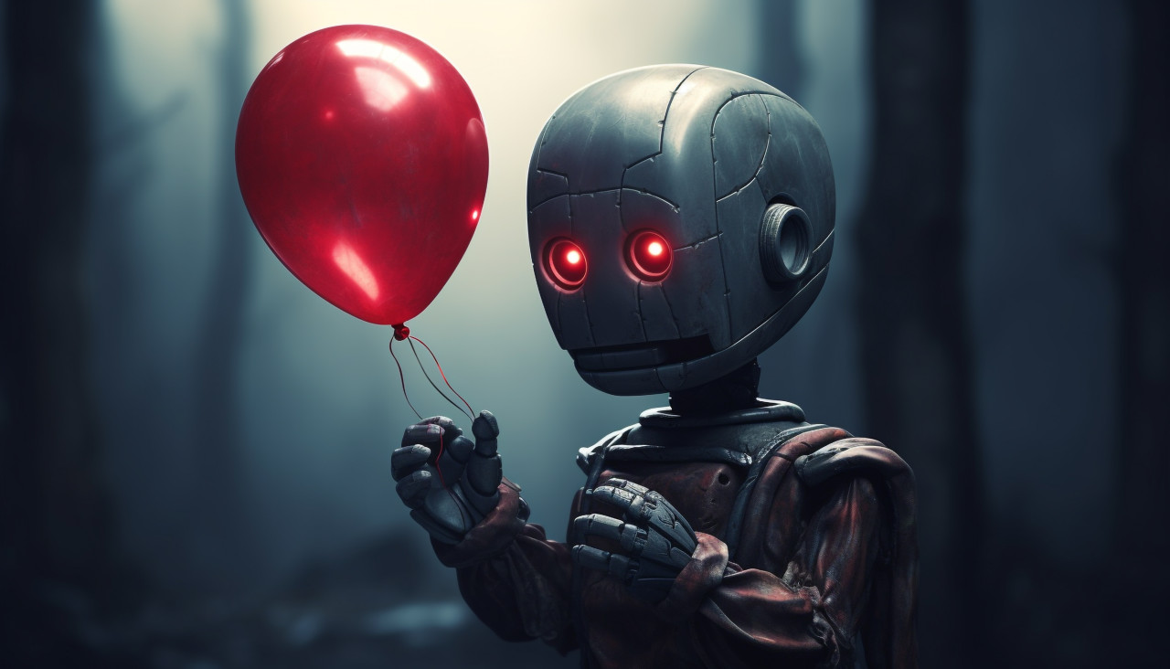 A small robot holding a red balloon, midjourney ai art, ai art, midjourney free prompts