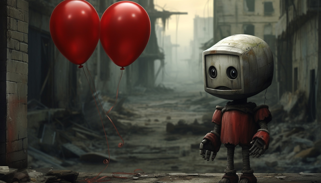 Little robot and red balloon, midjourney ai art, ai art, midjourney free prompts