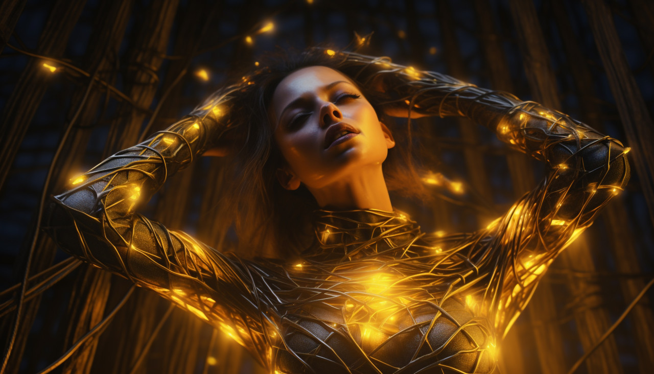 Human woman wrapped in wires and golden lights, midjourney ai art, ai art, midjourney free prompts