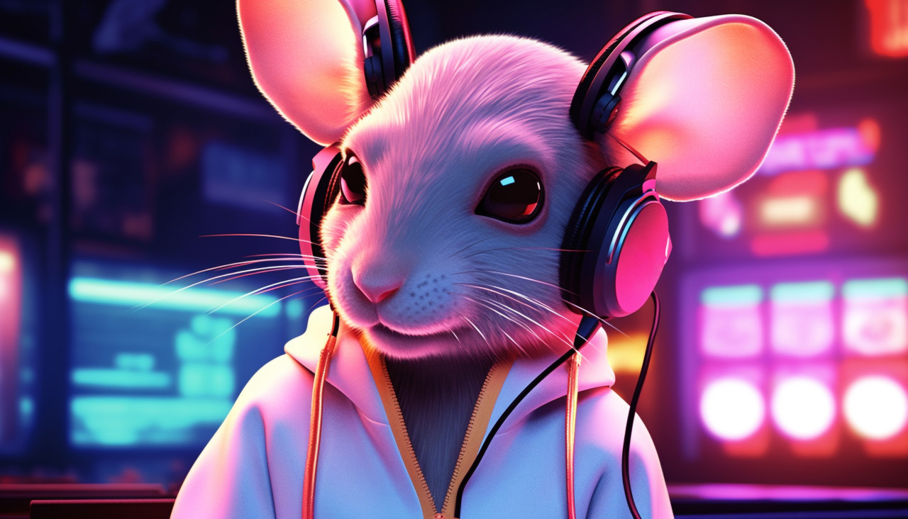 A tyleno mouse is wearing headphones and wearing sunglasses sitting under the neon light, midjourney ai art, ai art, midjourney free prompts