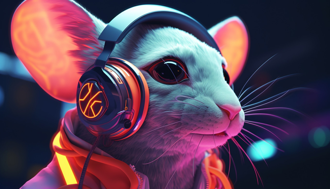 Neon glowing mouse with headphones, midjourney ai art, ai art, midjourney free prompts