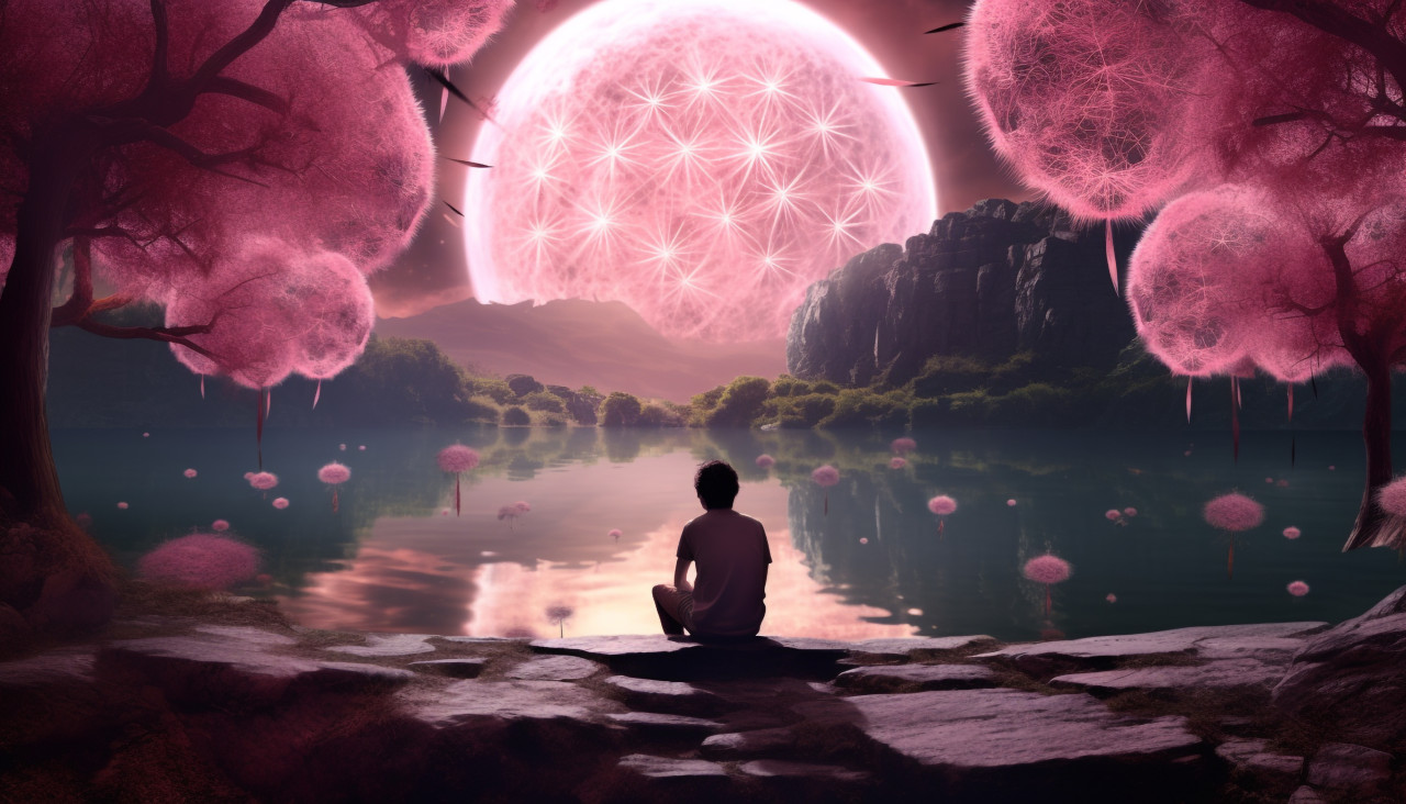 The person is sitting next to a water full of dandelion flowers, midjourney ai art, ai art, midjourney free prompts