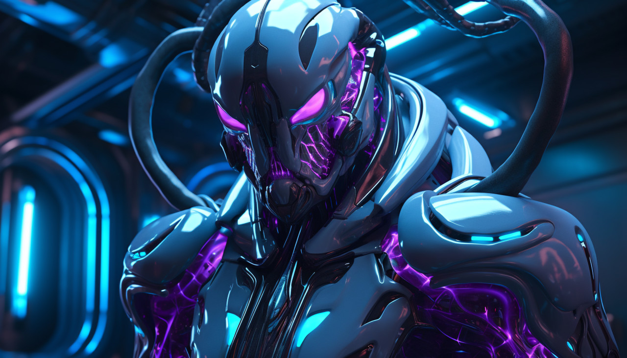 Automated robotic assistant with blue glow, midjourney ai art, ai art, midjourney free prompts
