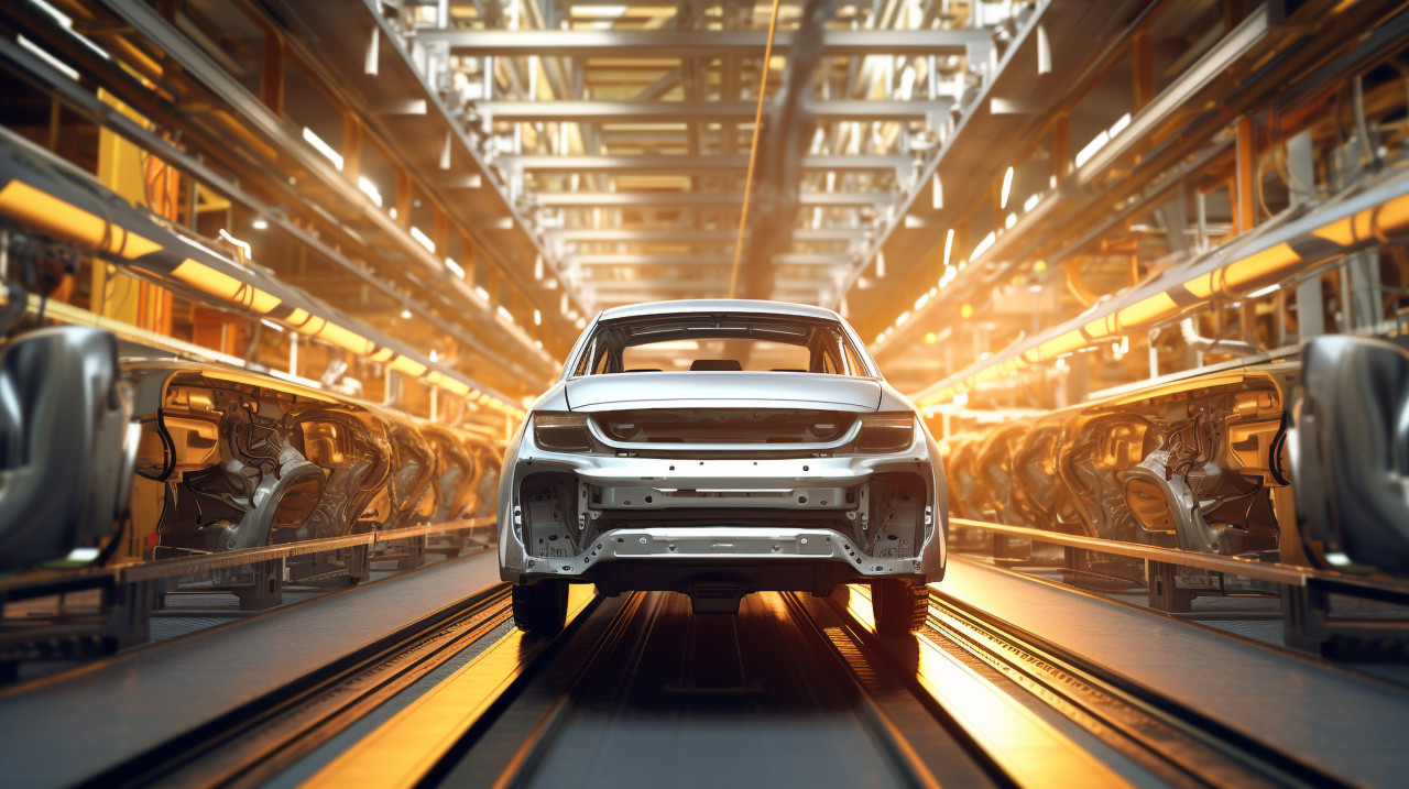 A car assembly line in use with car models standing on end, assembly line car production, assembly line car manufacturing