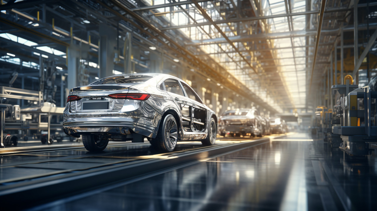 Cars on the move at the factory, assembly line car production, assembly line car manufacturing