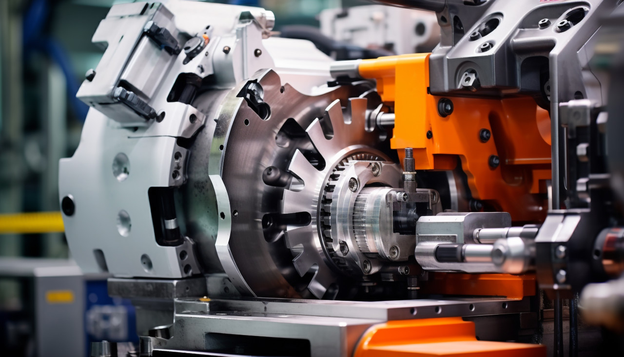 Steel parts manufacturing in high tech metal workshop, assembly line car production, assembly line car manufacturing