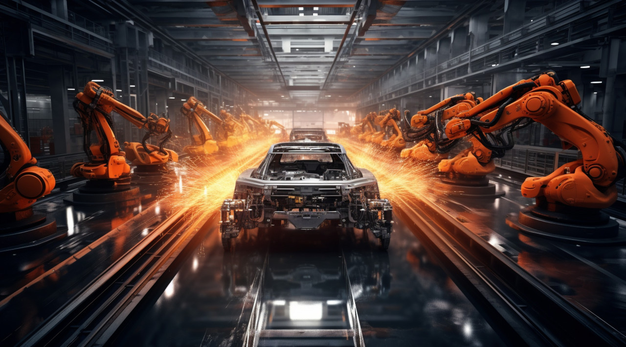 Auto industry automation and robots a global picture of an automotive factory, assembly line car production, assembly line car manufacturing