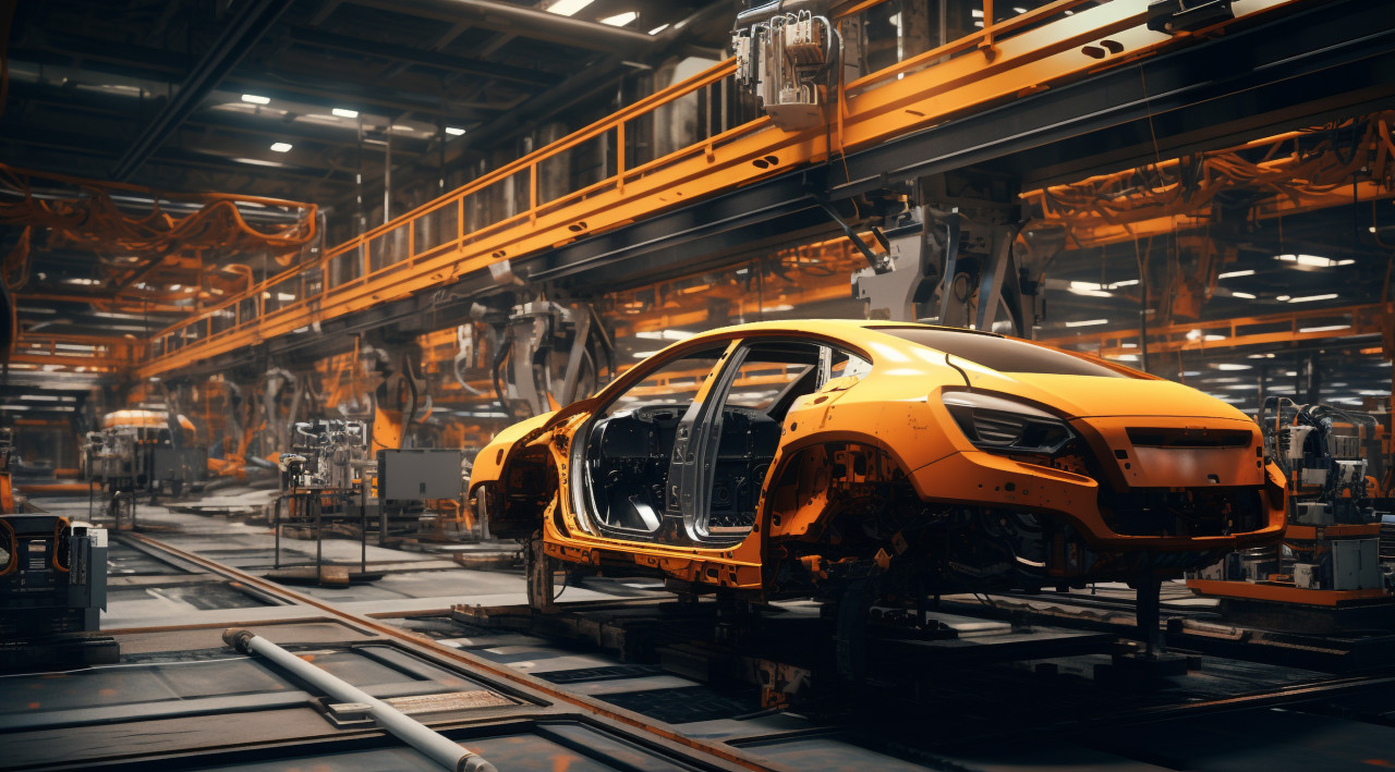 A car on an assembly line is being worked on by robots, assembly line car production, assembly line car manufacturing