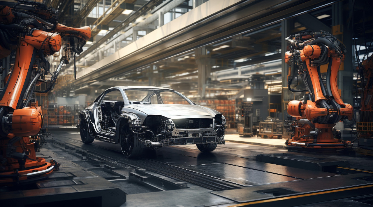 Automated car manufacturing, assembly line car production, assembly line car manufacturing