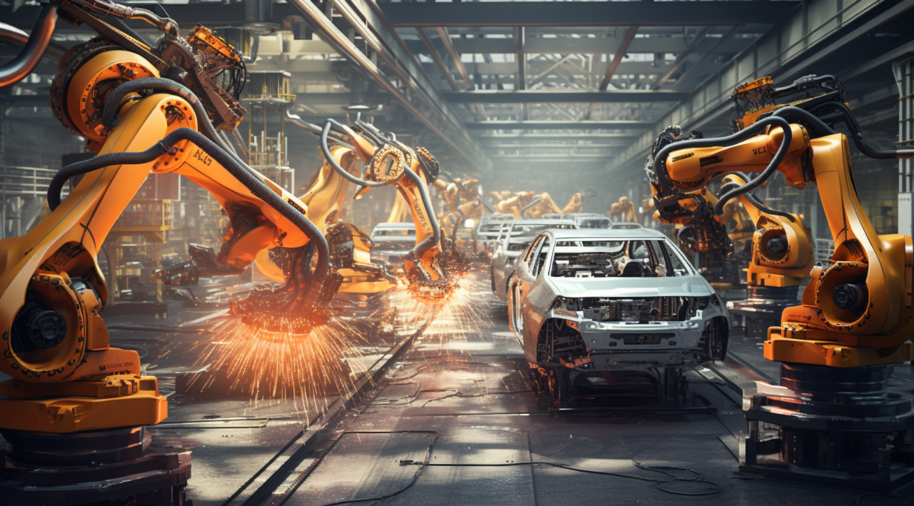 Robots in the factory production of car, assembly line car production, assembly line car manufacturing