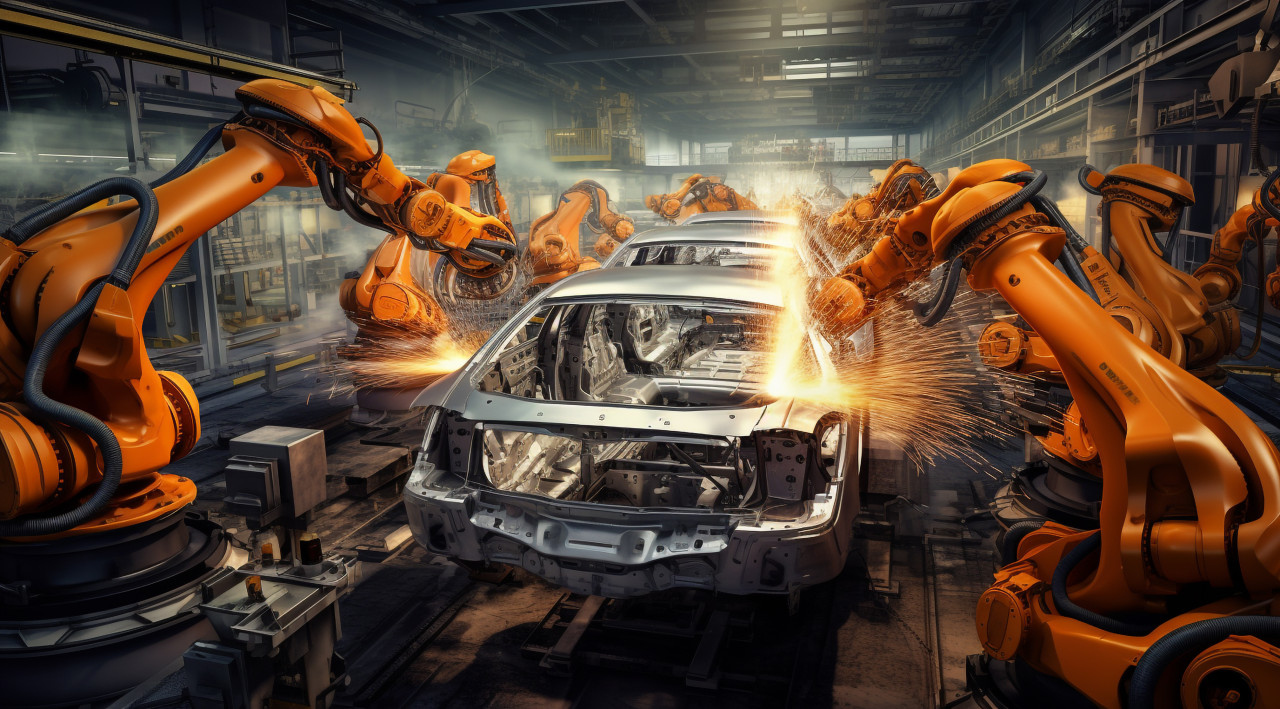Factory robots assembling cars, assembly line car production, assembly line car manufacturing