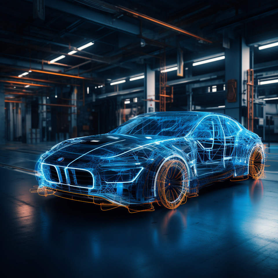 3d car made of a blue car wire mesh, assembly line car production, assembly line car manufacturing