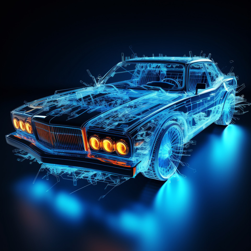 Blue car wire mesh sculpture, assembly line car production, assembly line car manufacturing