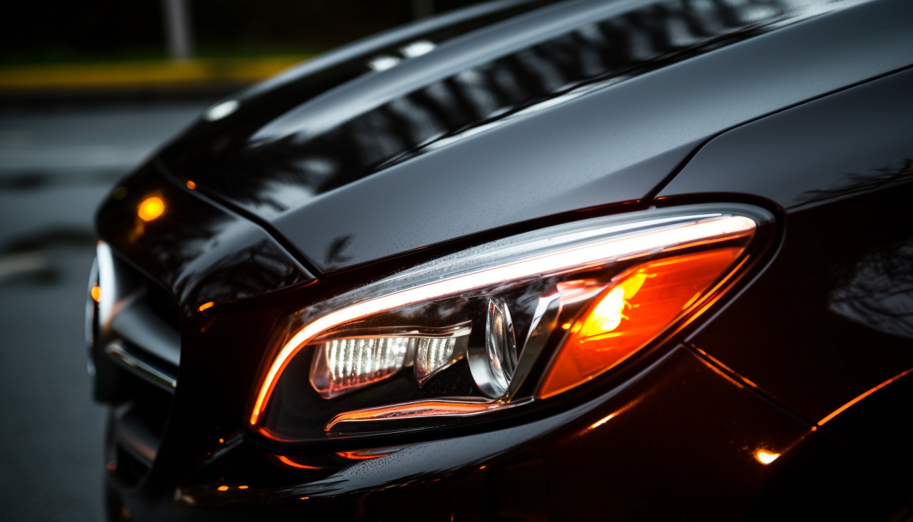 The headlights of a car are illuminated in the darkness, assembly line car production, assembly line car manufacturing