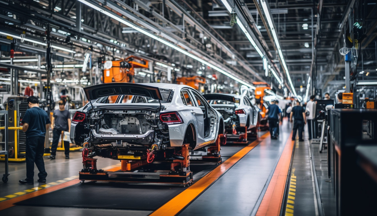 A photo of a assembly line with cars in various stages of production, assembly line car production, assembly line car manufacturing