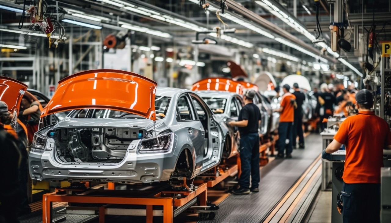 Cars in different stages of production, assembly line car production, assembly line car manufacturing