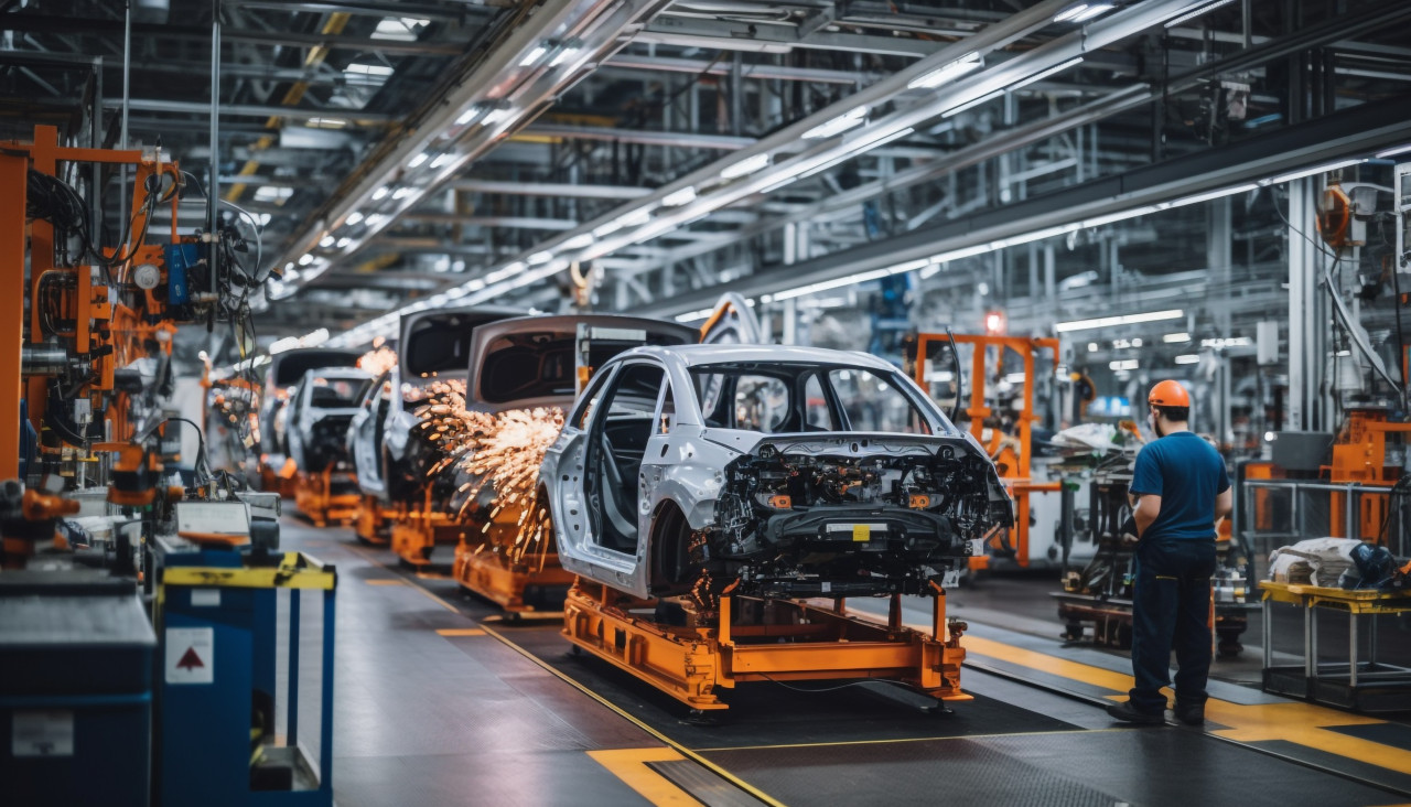 Car manufacturing in progress, assembly line car production, assembly line car manufacturing