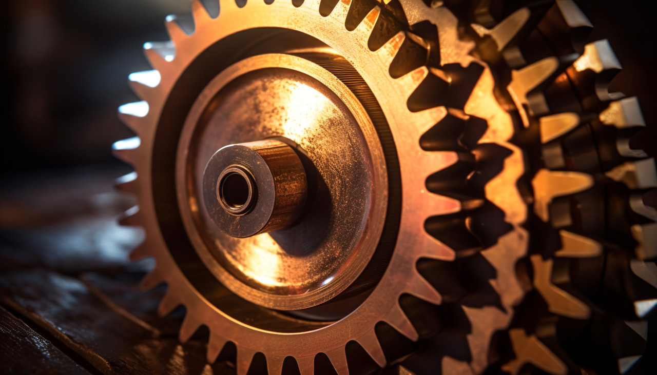 A close-up of a cogwheel, with the teeth of the wheel in sharp focus and the background blurred, industrial machinery stock images ai, midjourney prompt ideas