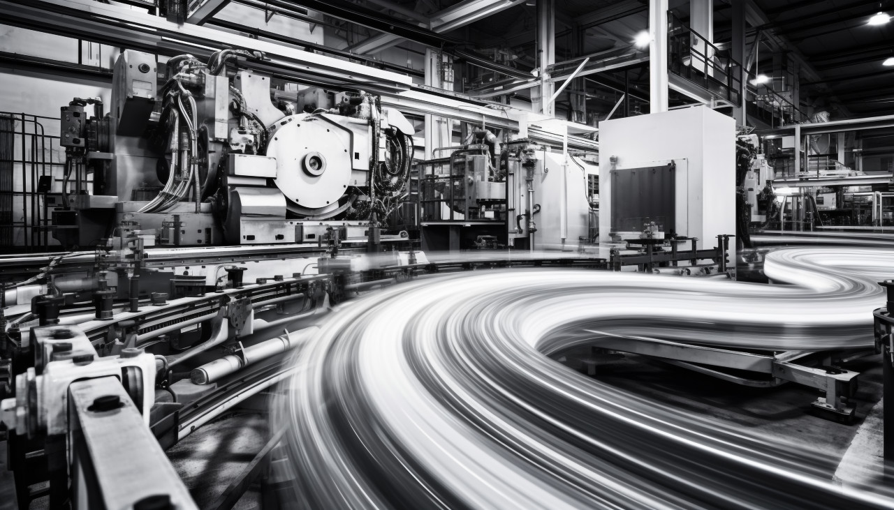 Factory floor in motion, industrial machinery stock images ai, midjourney prompt ideas