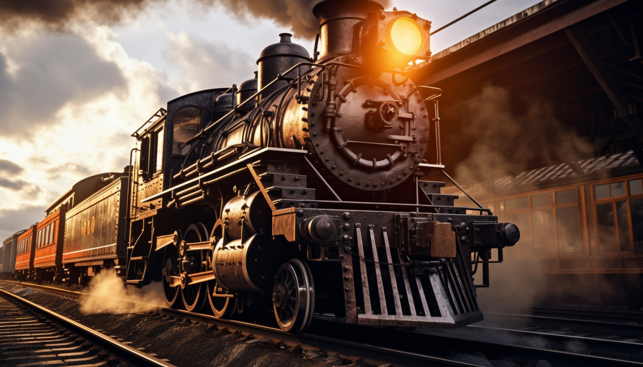 A shot of a steam locomotive with the steam billowing out of the smokestack, industrial machinery stock images ai, midjourney prompt ideas