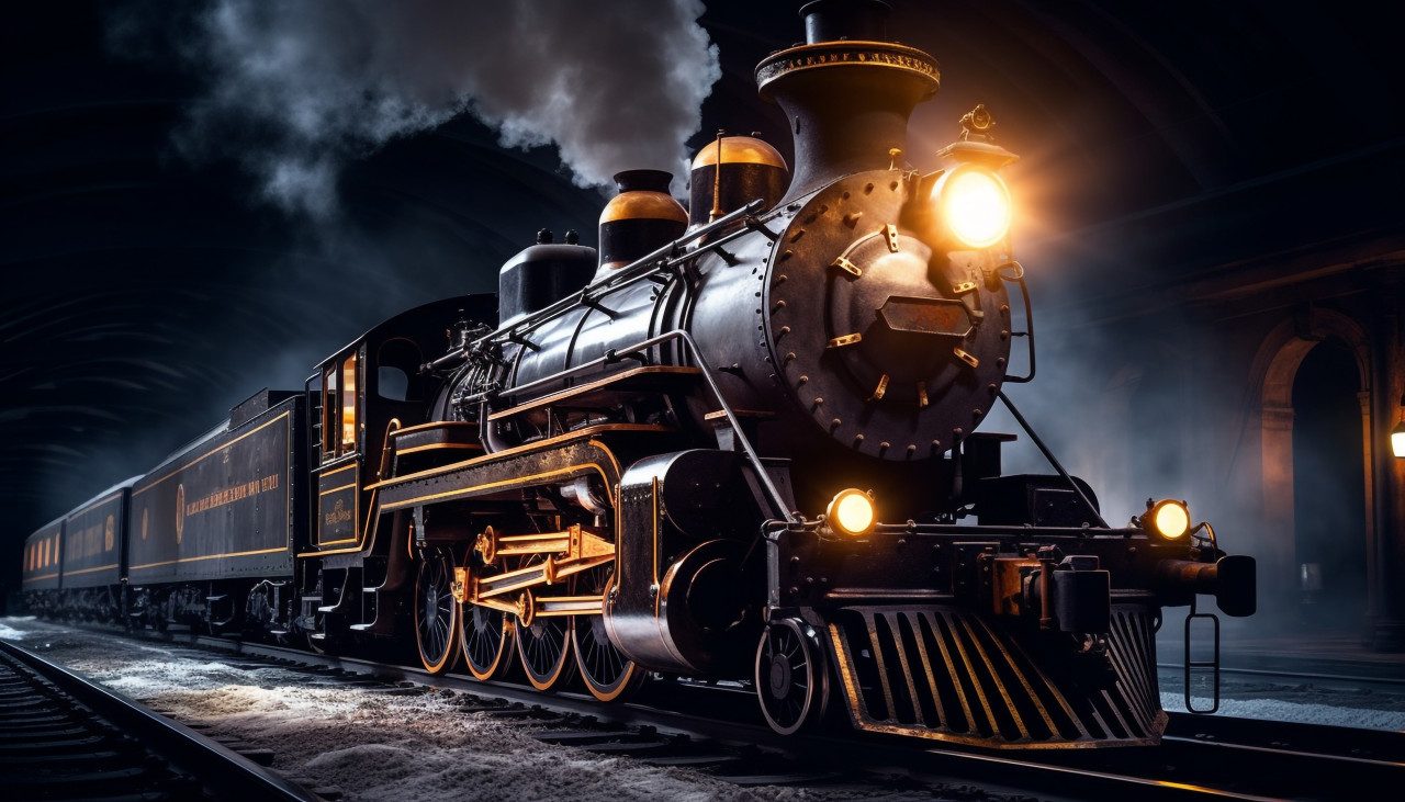 Steam train with smoke billowing, industrial machinery stock images ai, midjourney prompt ideas