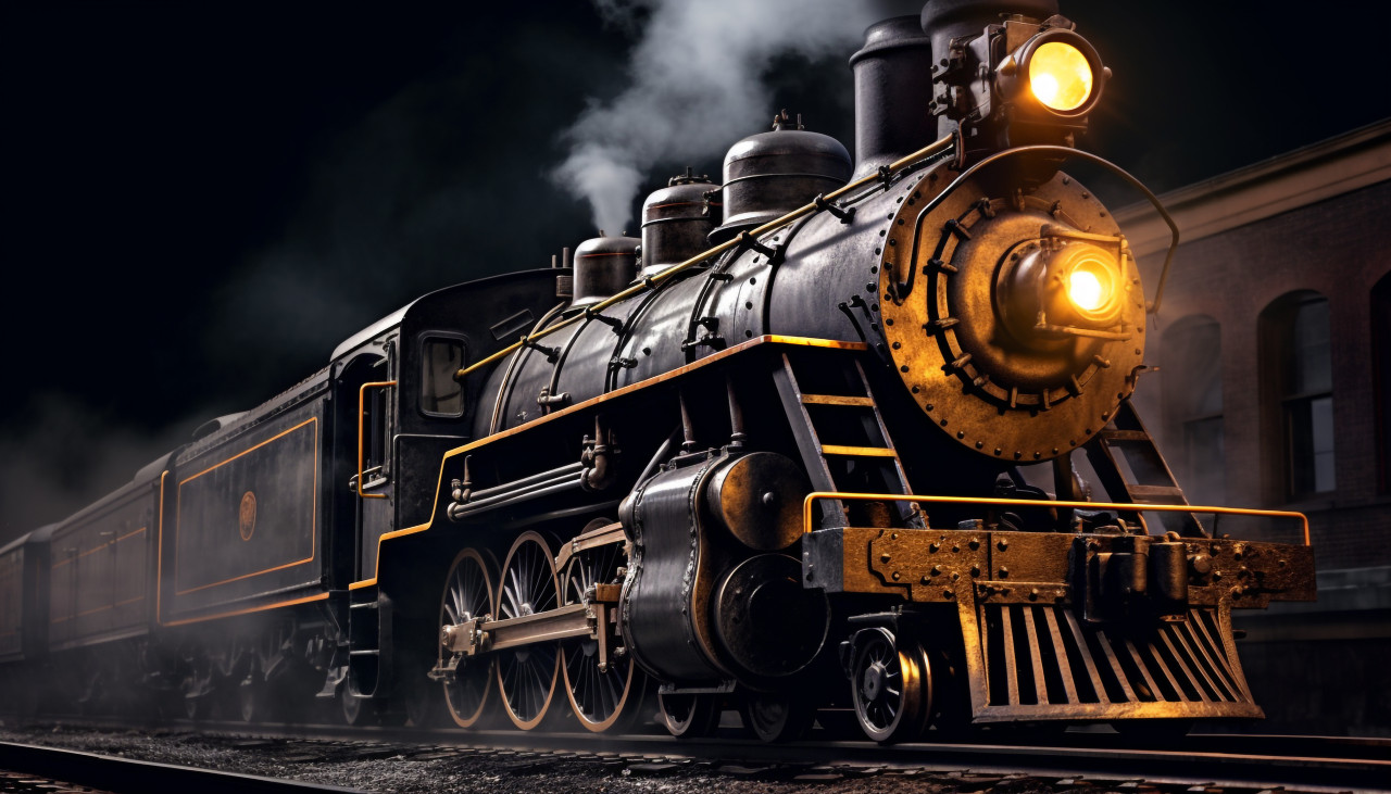 Locomotive steam pouring out of smokestack, industrial machinery stock images ai, midjourney prompt ideas