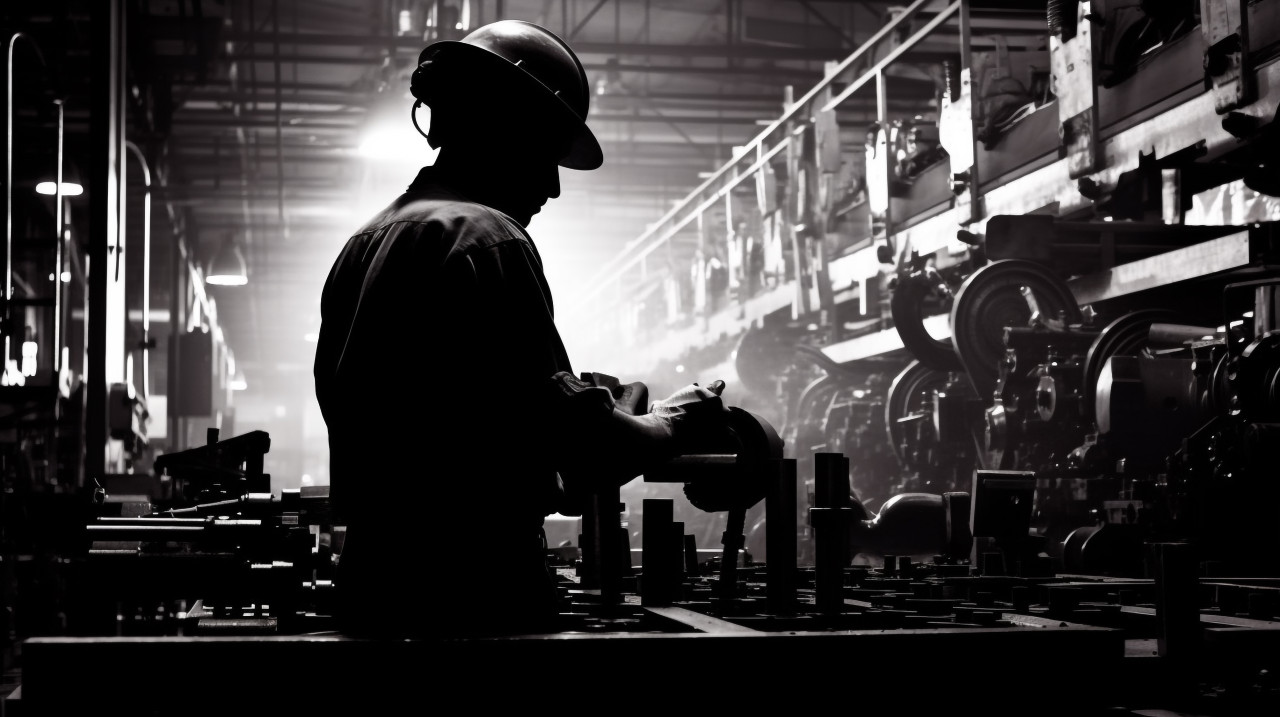 A shot of a factory worker silhouetted against a wall of machinery, industrial machinery stock images ai, midjourney prompt ideas