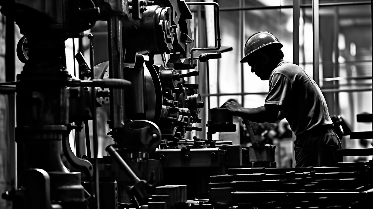 Factory worker silhouetted against machinery, industrial machinery stock images ai, midjourney prompt ideas