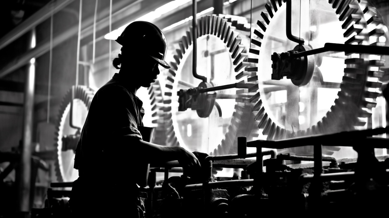 Worker in the shadows of industry, industrial machinery stock images ai, midjourney prompt ideas