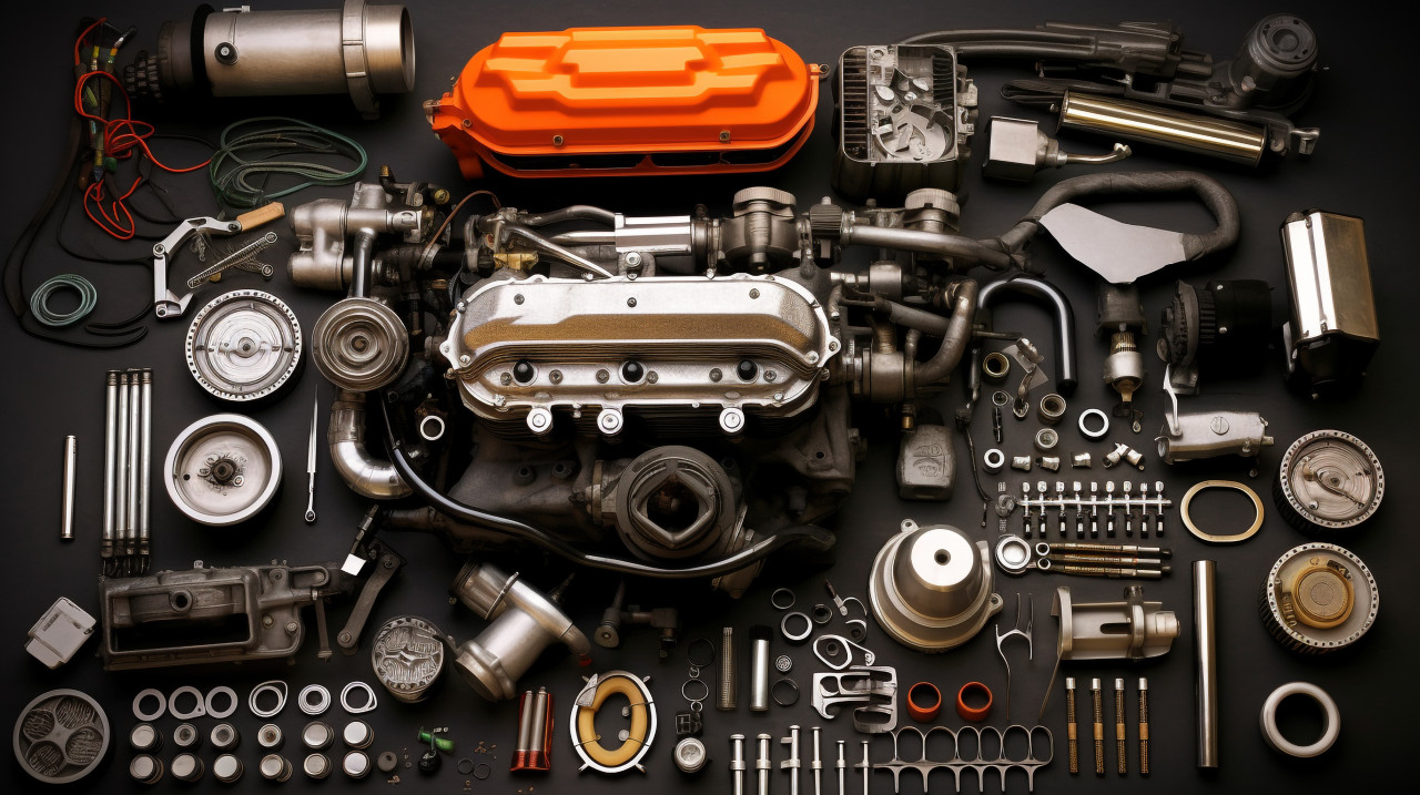 A shot of a car engine with all the parts laid out in a grid, industrial machinery stock images ai, midjourney prompt ideas