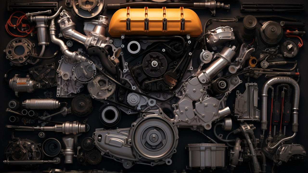 Car engine parts in grid layout, industrial machinery stock images ai, midjourney prompt ideas