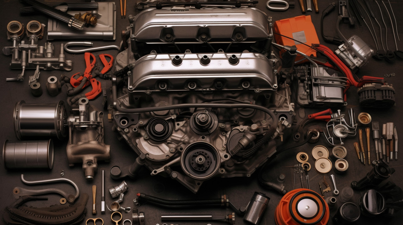 Car engine components in grid format, industrial machinery stock images ai, midjourney prompt ideas