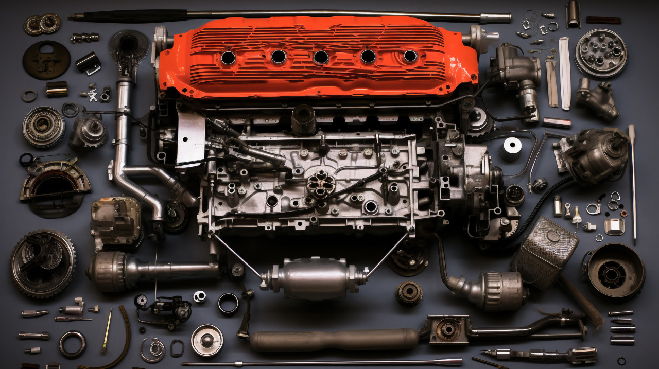 Detailed view of car engine parts, industrial machinery stock images ai, midjourney prompt ideas