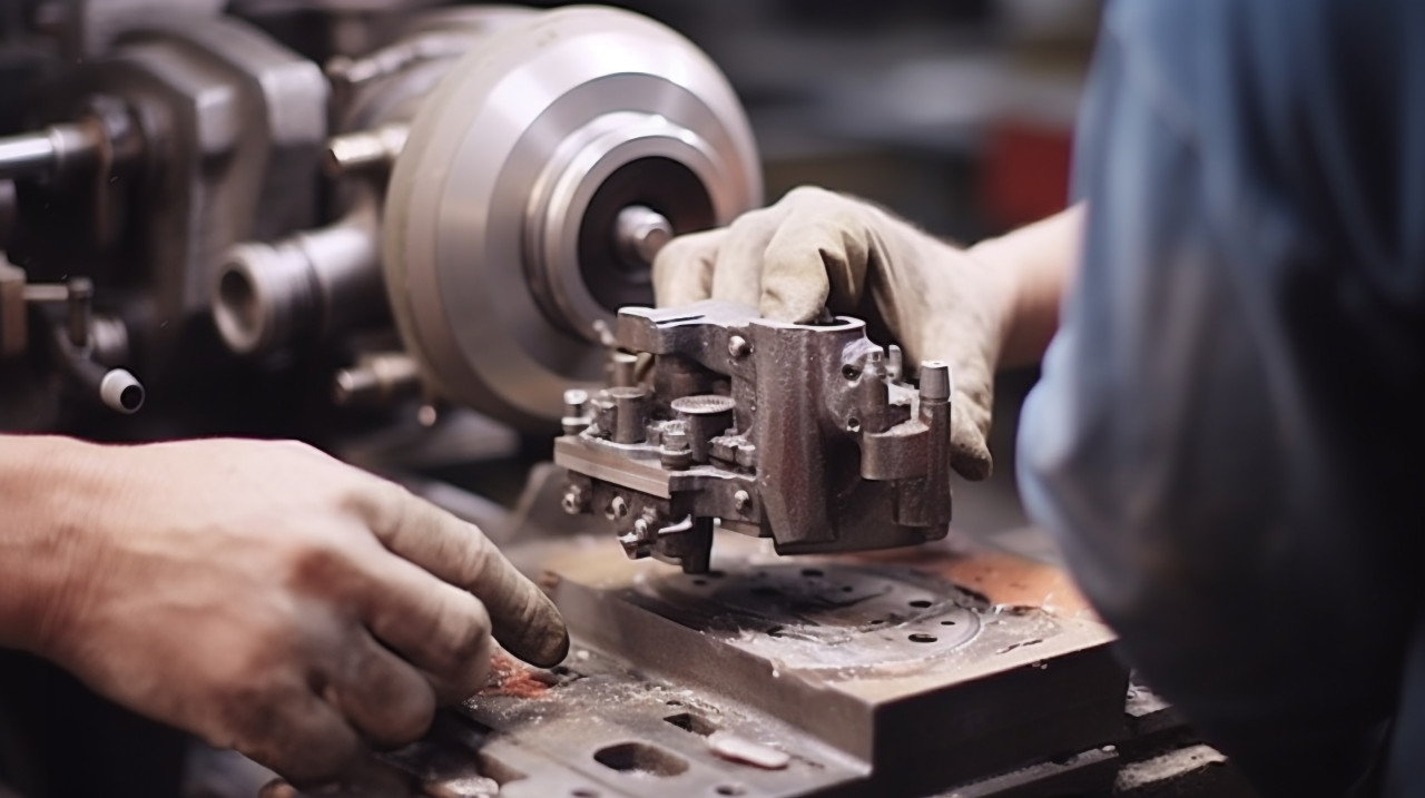 A close-up of a workers hands assembling a complex piece of machinery, industrial machinery stock images ai, midjourney prompt ideas