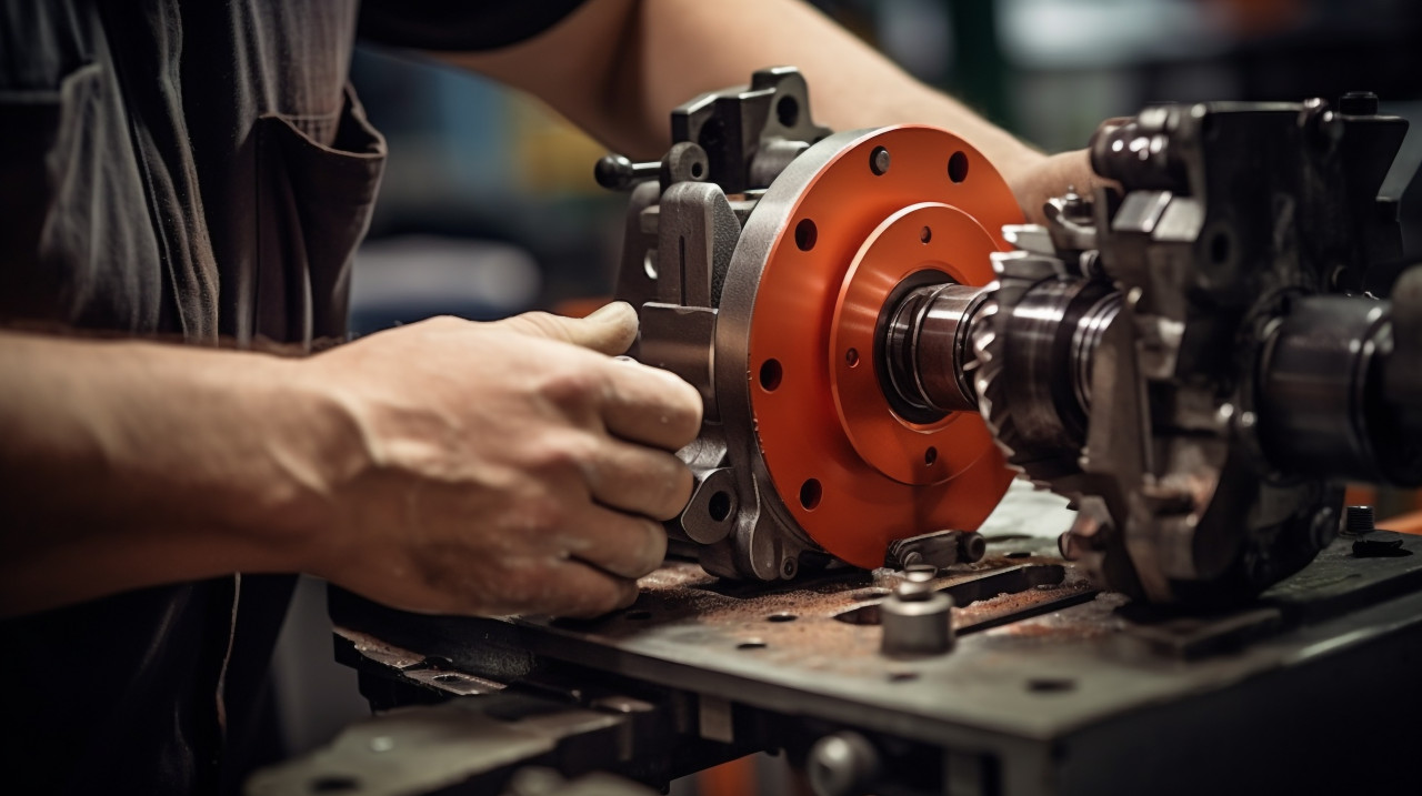 Close-up of hands assembling machine, industrial machinery stock images ai, midjourney prompt ideas