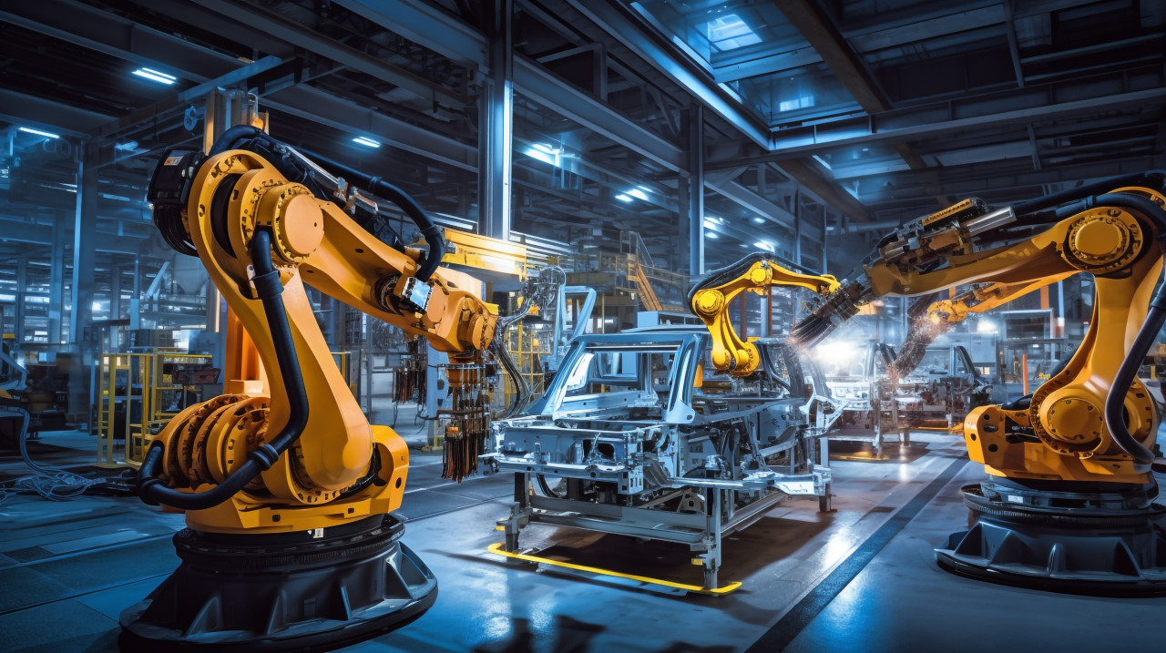 Factory floor in motion, industrial machinery stock images ai, midjourney prompt ideas