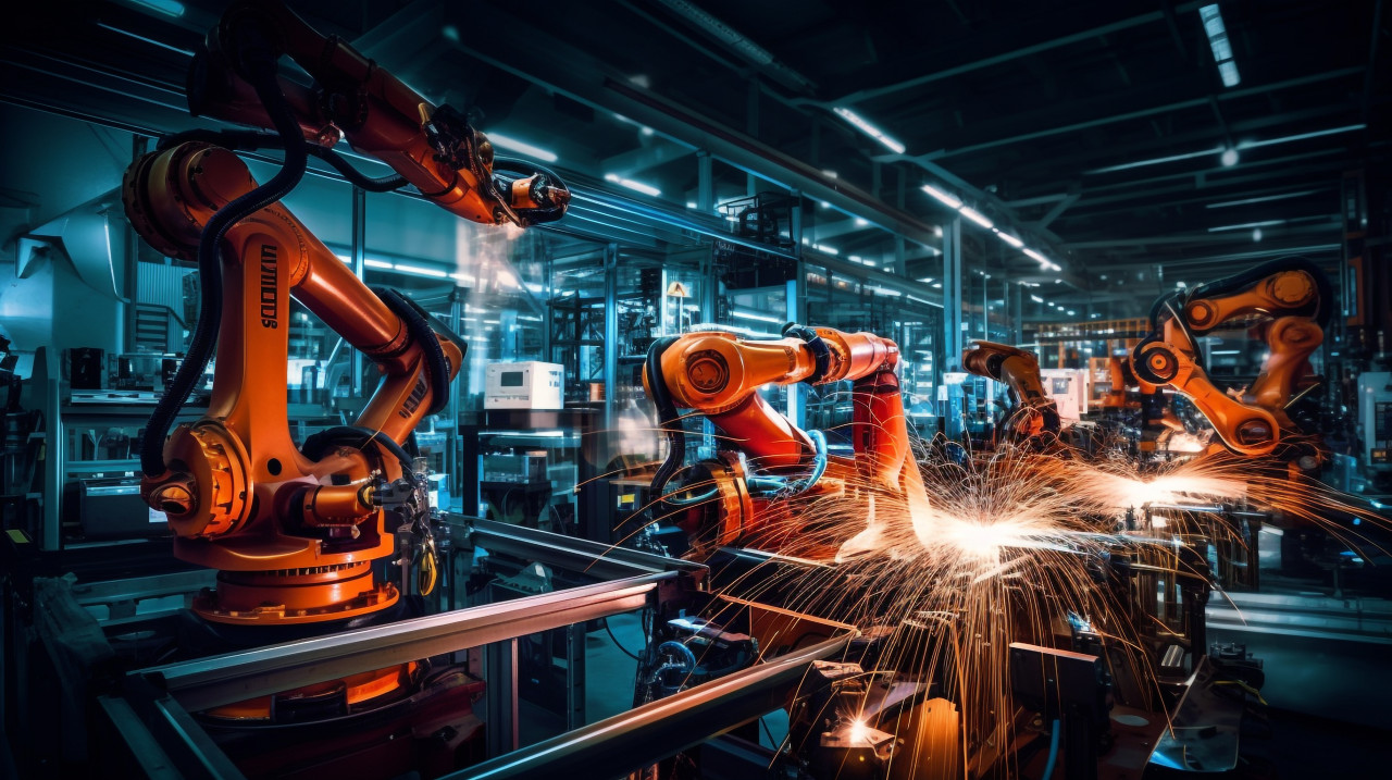 Machines working in a factory, industrial machinery stock images ai, midjourney prompt ideas