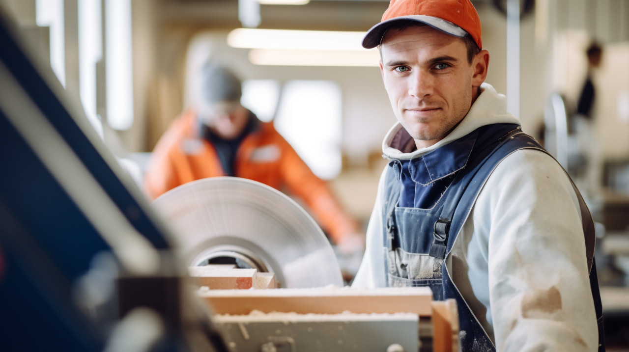 A portrait of a worker with a machine in the background the worker is looking directly at the camera, industrial machinery stock images ai, midjourney prompt ideas