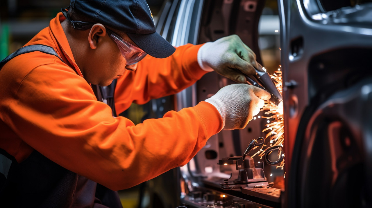 A close-up of a workers hands assembling a car door, industrial machinery stock images ai, midjourney prompt ideas