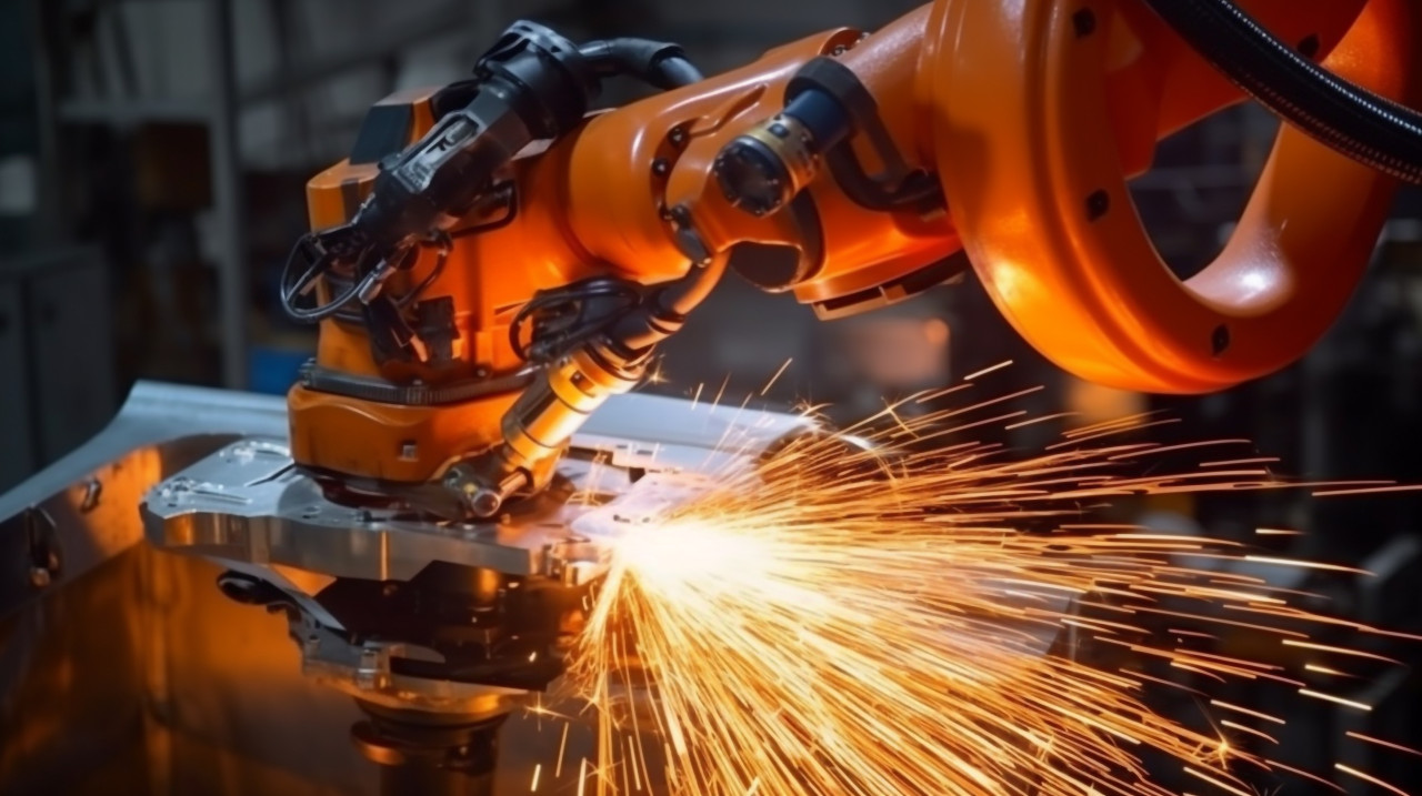Precise robot arm in action, industrial machinery stock images ai, midjourney prompt ideas