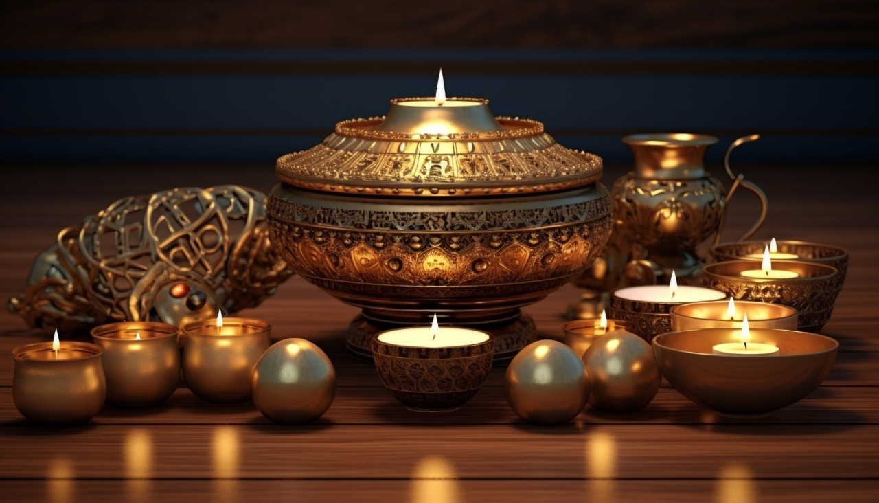 Oriental candles and a gold bowl on a wooden surface, diwali festival stock image, diwali festival ai prompt
