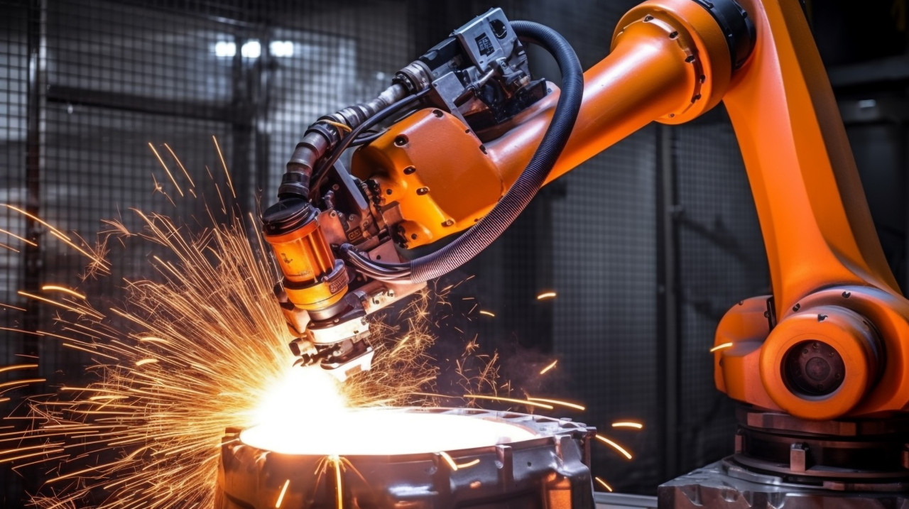 Robot arm performs complex task, industrial machinery stock images ai, midjourney prompt ideas