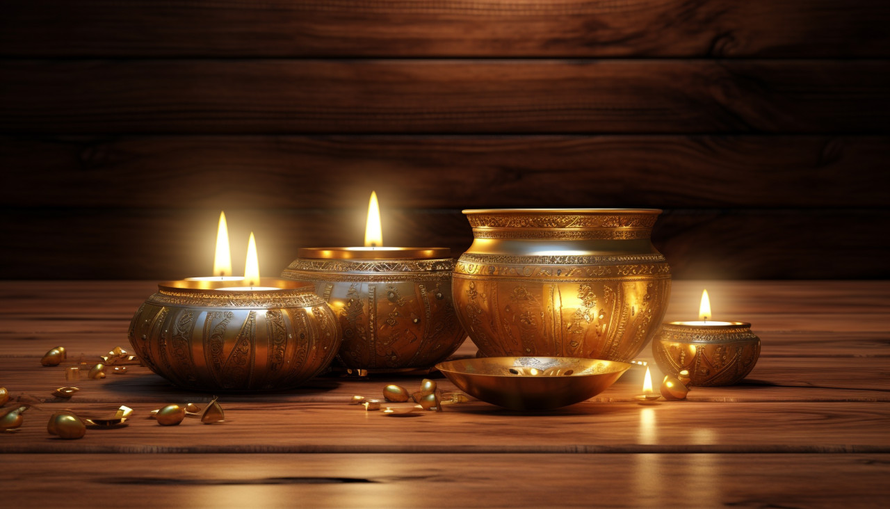 Oriental decor with candles and gold bowl, diwali festival stock image, diwali festival ai prompt