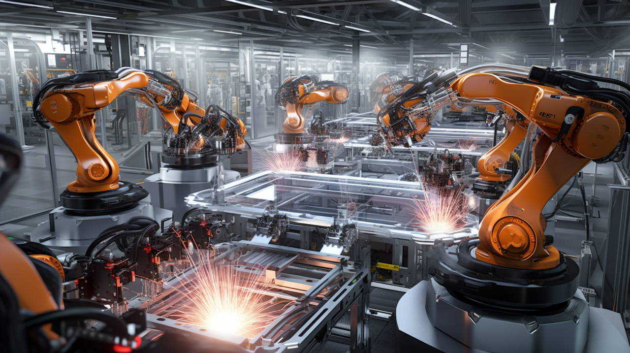 The assembly line is a hive of activity with robots moving parts and assembling cars, industrial machinery stock images ai, midjourney prompt ideas
