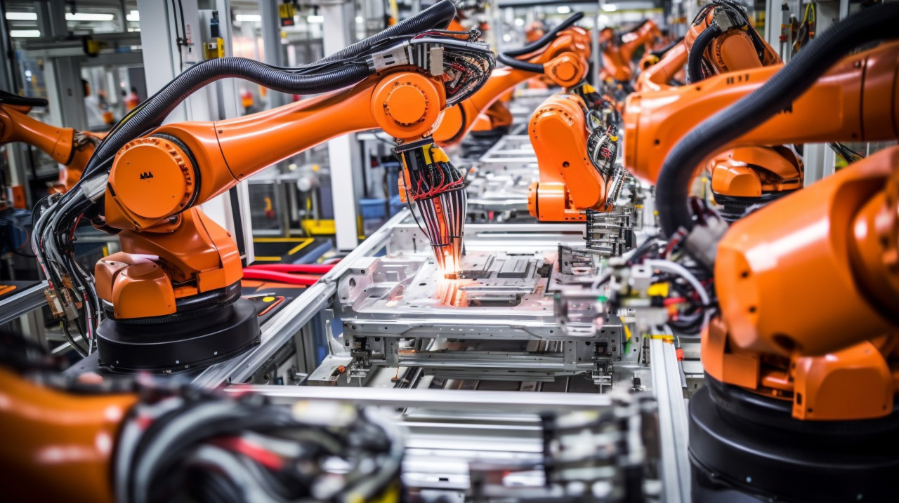 Car assembly line in full swing, industrial machinery stock images ai, midjourney prompt ideas