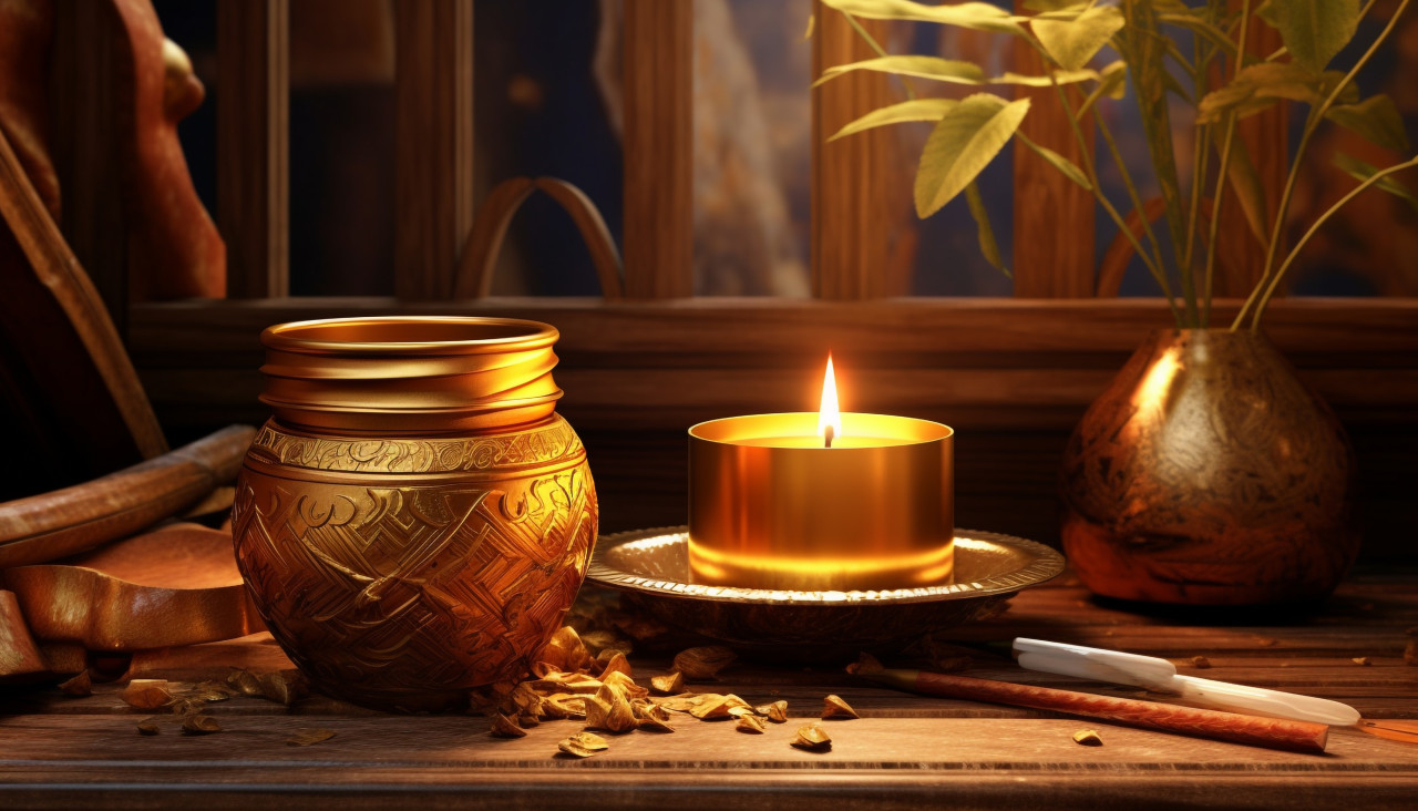 Beautiful gold candle and candle in gold pot on a wooden table, diwali festival stock image, diwali festival ai prompt