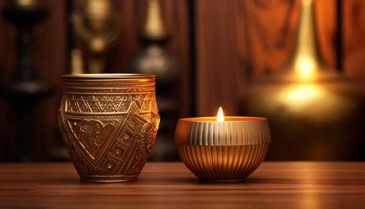 Golden candle in pot on wooden table, diwali festival stock image, diwali festival ai prompt