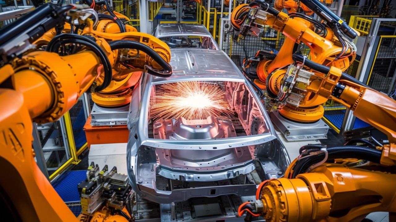 Assembly line workers and robots, industrial machinery stock images ai, midjourney prompt ideas