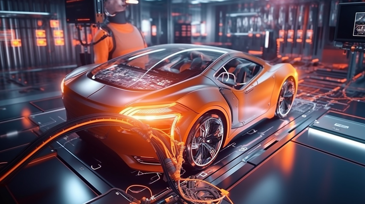 The robot arm carefully inserts the battery pack into the electric car, industrial machinery stock images ai, midjourney prompt ideas