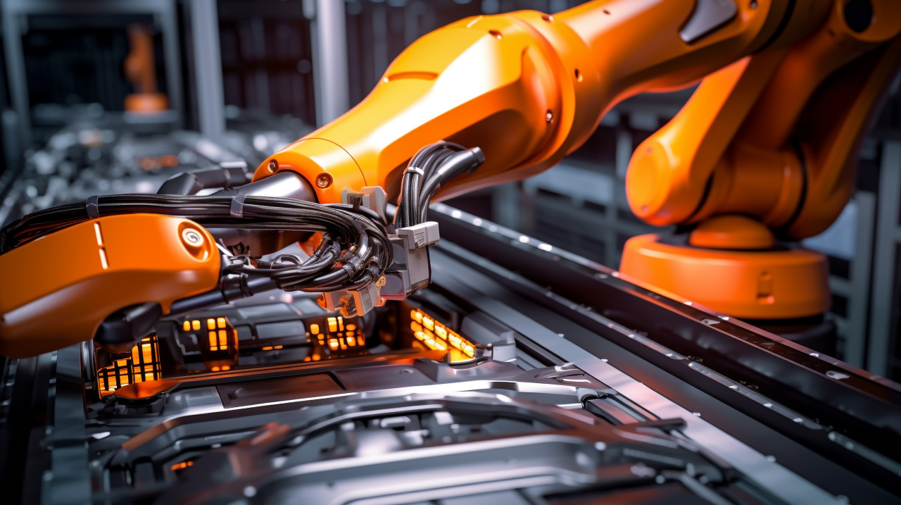 Robot arm inserts battery pack into electric car, industrial machinery stock images ai, midjourney prompt ideas